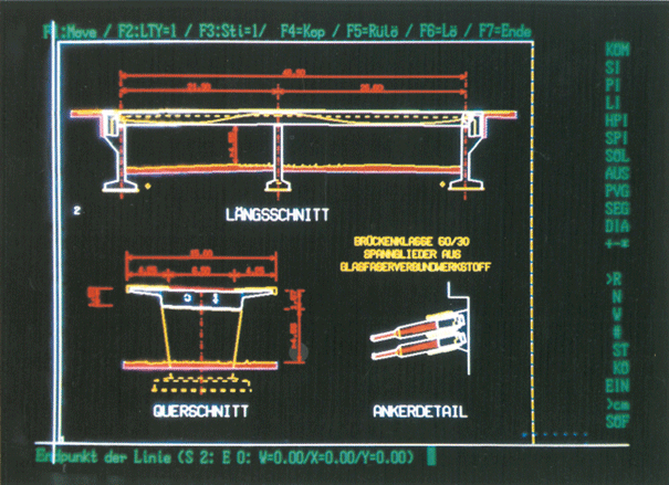 Digitale Brückenplanung mit STRAKON in den 1980er Jahren - Bildschirmdarstellung eines Brückenentwurfs